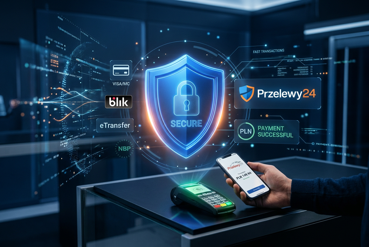 Secure payment gateway visualization with Przelewy24 logo and digital shield