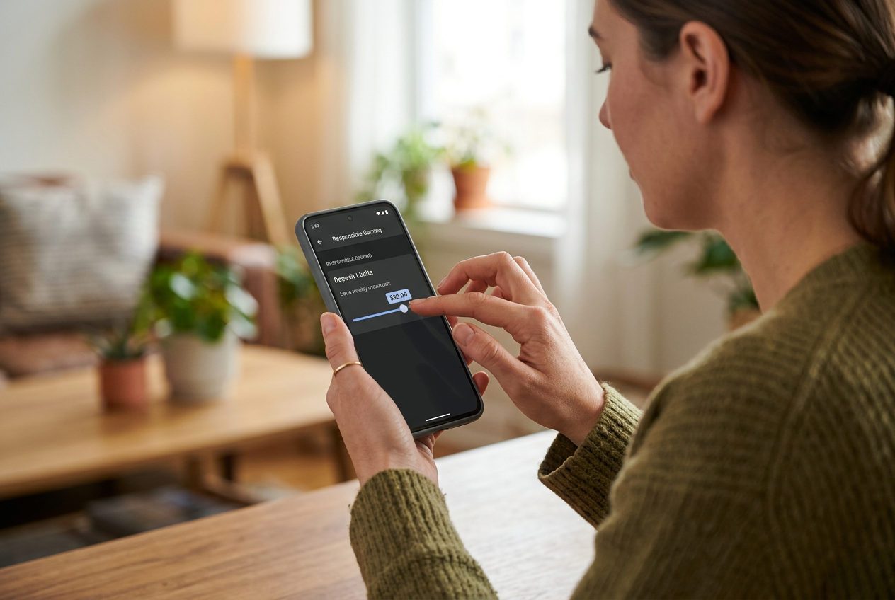 A person setting deposit limits on a mobile casino app for responsible gaming.