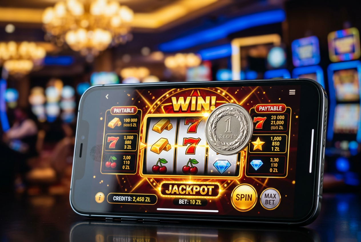 A single 1 PLN coin placed on a mobile phone screen showing a vibrant casino interface.