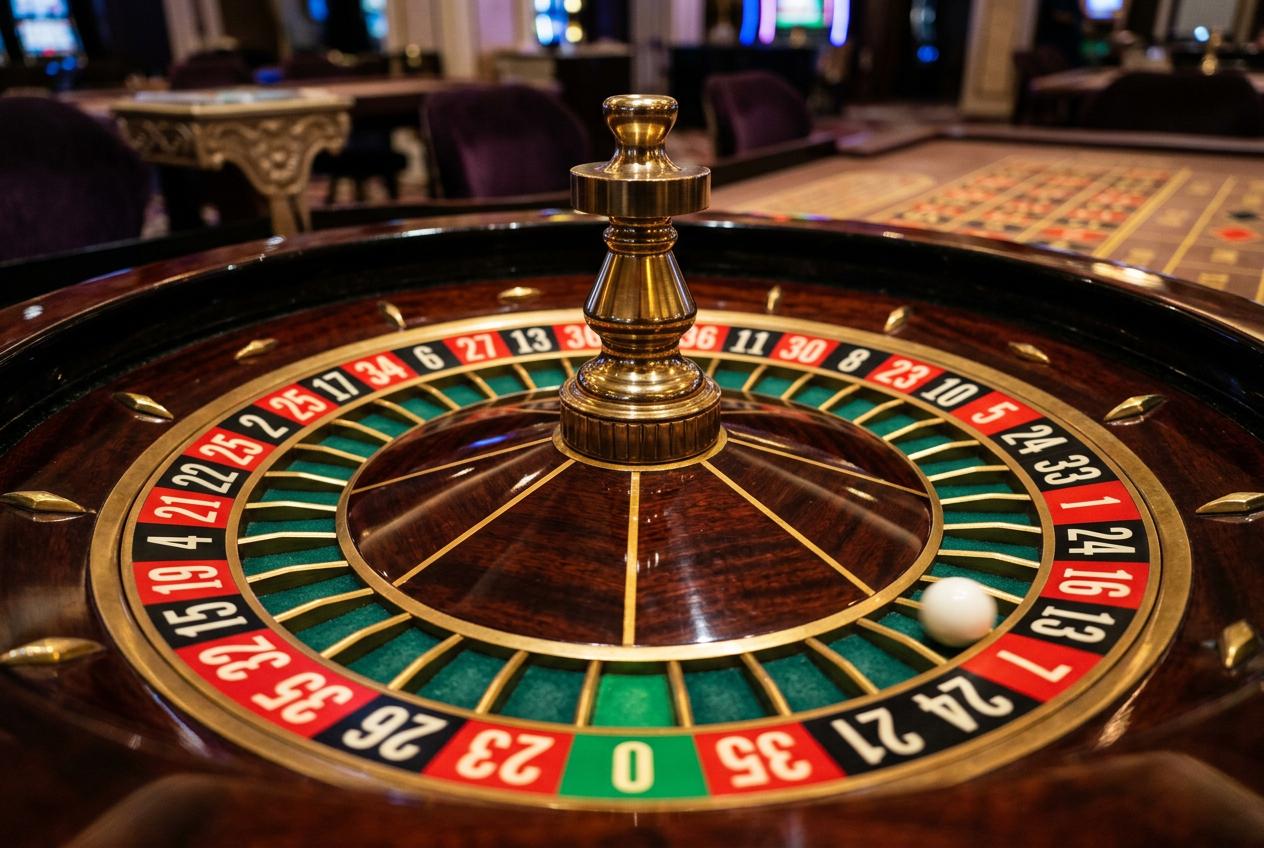 Close-up of a classic European roulette wheel with the ball in motion.